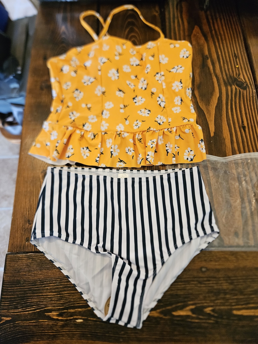 Women’s Yellow Floral Tankini Top with Black & White Stripe High-Waist Bottoms